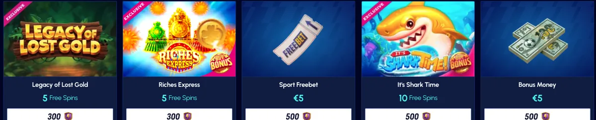 Betscore rewards-shop examples showing free-spin rewards, a sport freebet and bonus money